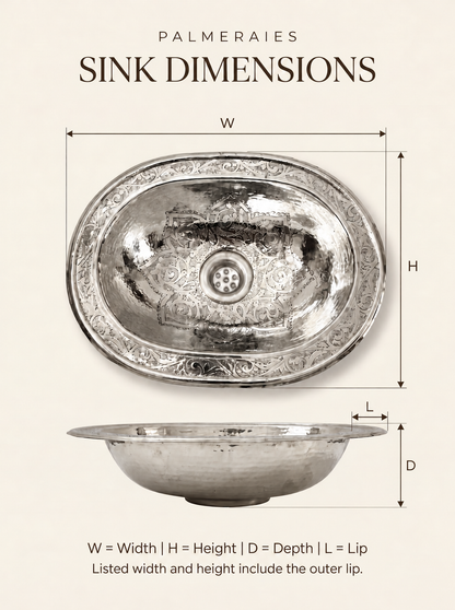 Dimension diagram of an engraved oval polished silver sink, showing top and side views with width, height, depth, and lip labels. Listed width and height include the outer lip.