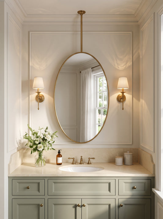 An elegant bathroom vanity setup featuring a large oval gold-framed mirror, a light green cabinet, a cream countertop with a white sink, and warm brass wall sconces on a white paneled wall.