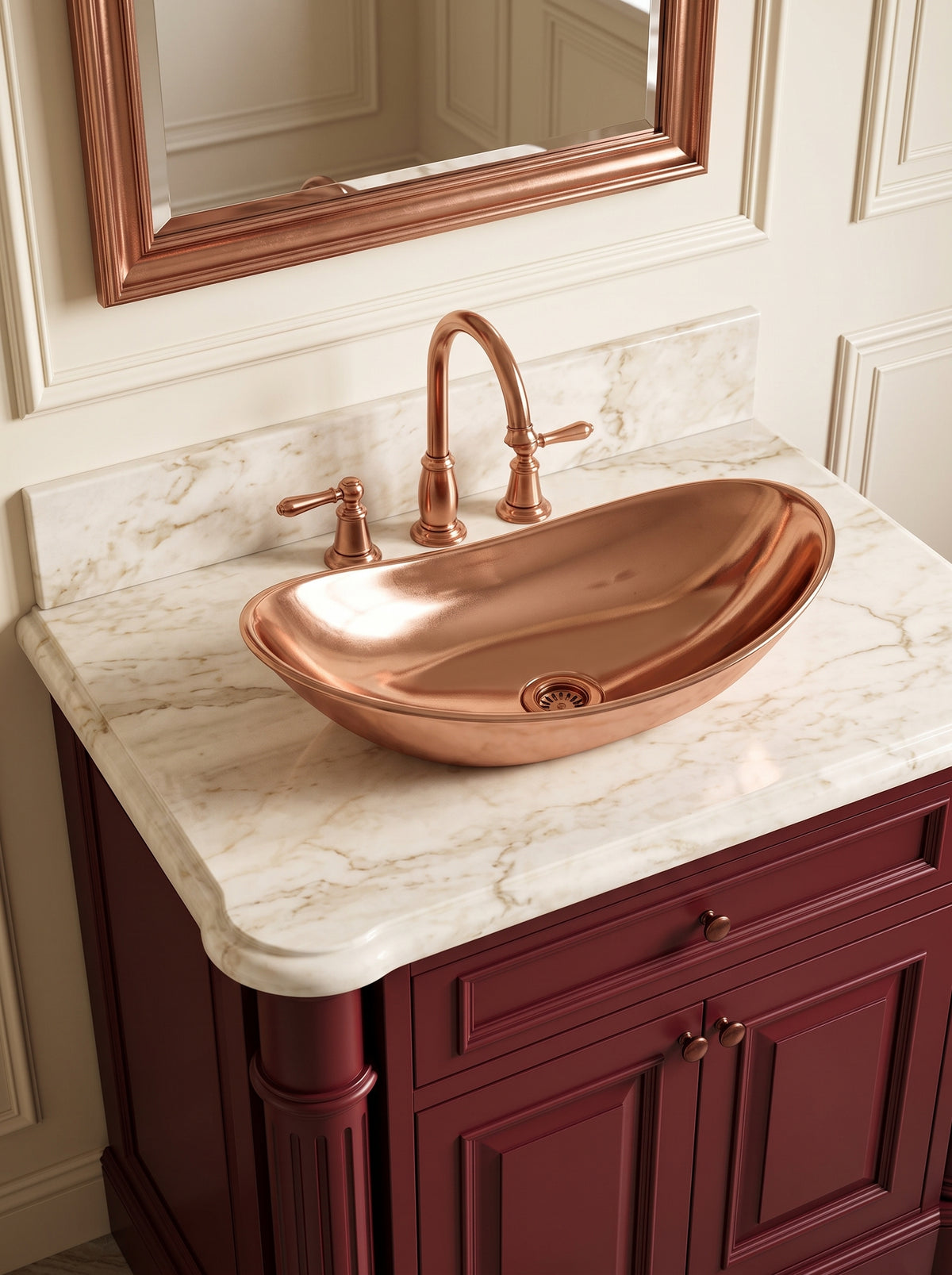 Polished oval copper vessel sink on a cream marble countertop, paired with a copper faucet above a burgundy vanity.