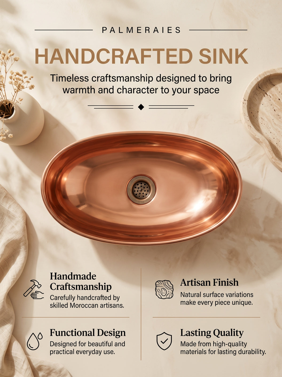 Palmeraies handcrafted sink poster featuring a top view of an oval copper basin and highlighting craftsmanship, finish, design, and quality.