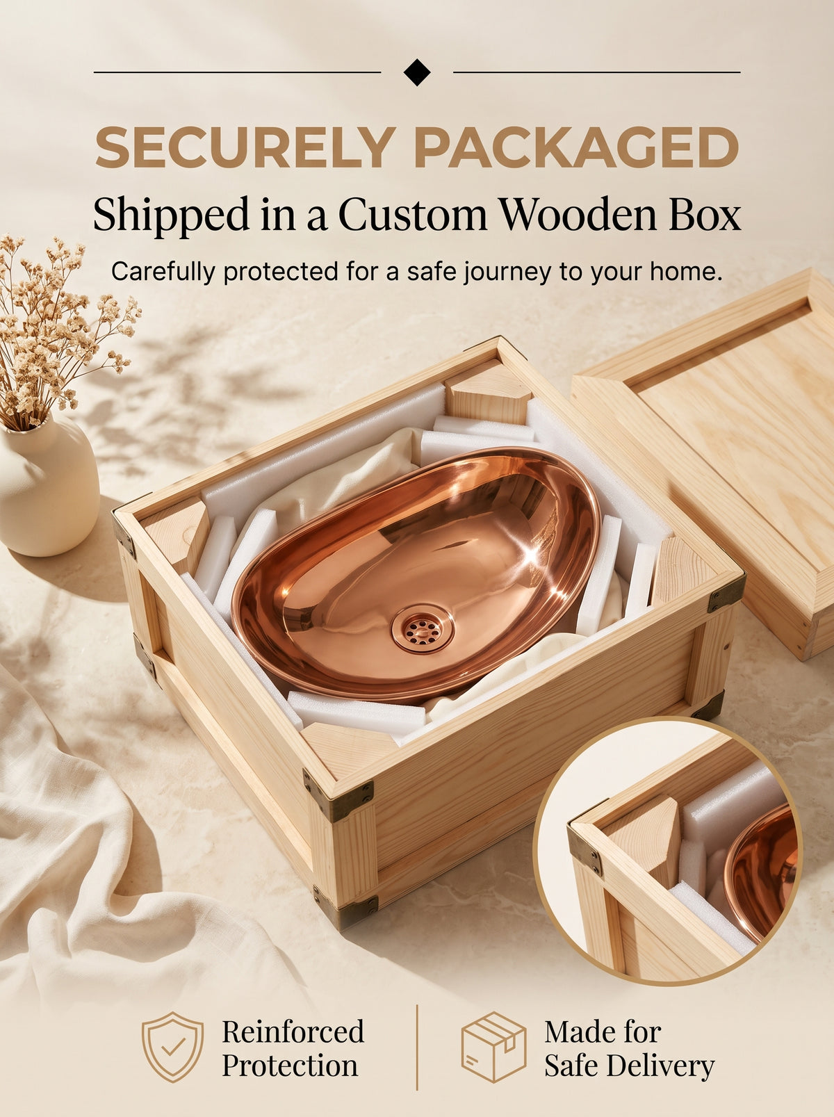 Oval copper vessel sink protected by white foam inside an open wooden shipping crate beneath “Securely Packaged” text.