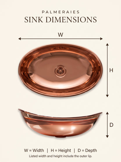 Oval copper sink dimension diagram with top and side views marking width, height, and depth, noting that listed sizes include the outer lip.