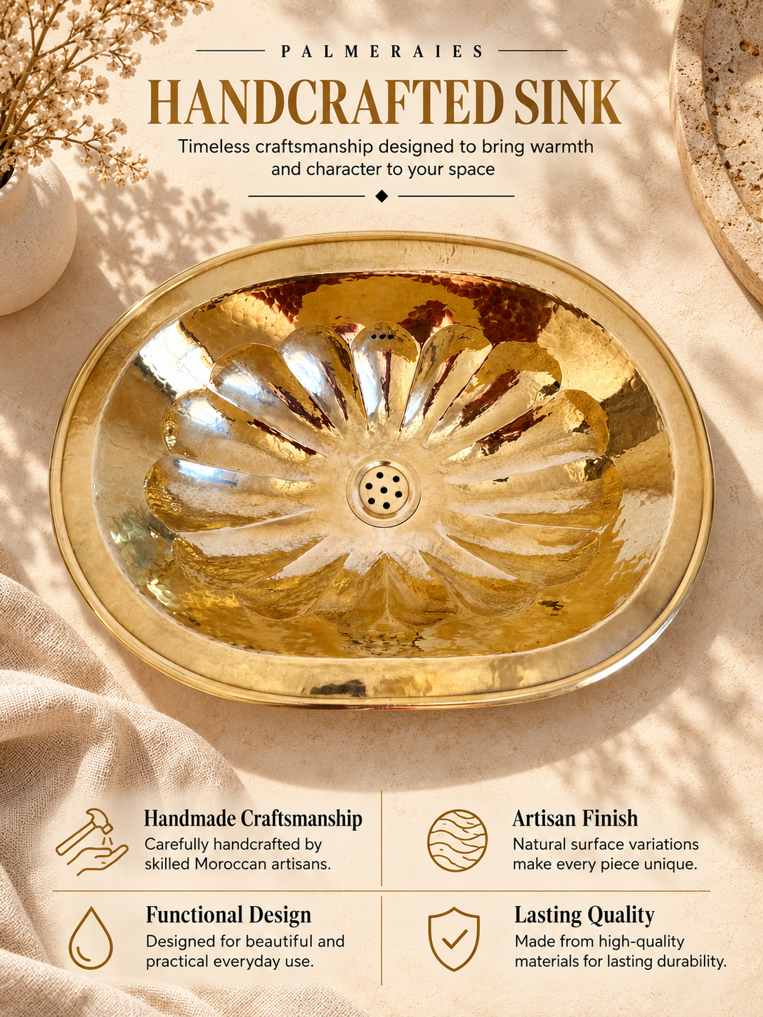 Palmeraies poster featuring an oval brass flower-pattern sink and highlighting Moroccan craftsmanship, artisan finish, functional design, and lasting quality.