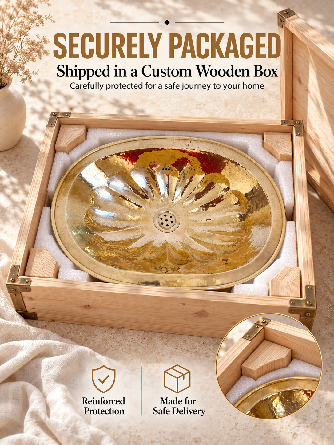 Oval brass flower-pattern sink protected by fitted foam in a wooden shipping box, with text highlighting secure packaging and safe delivery.