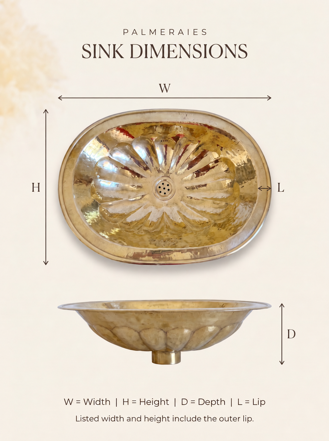 1. Dimension diagram of an oval brass sink with hammered texture and petal-shaped detailing, showing top and side views labeled width, height, depth, and lip. Width and height include the outer lip.
