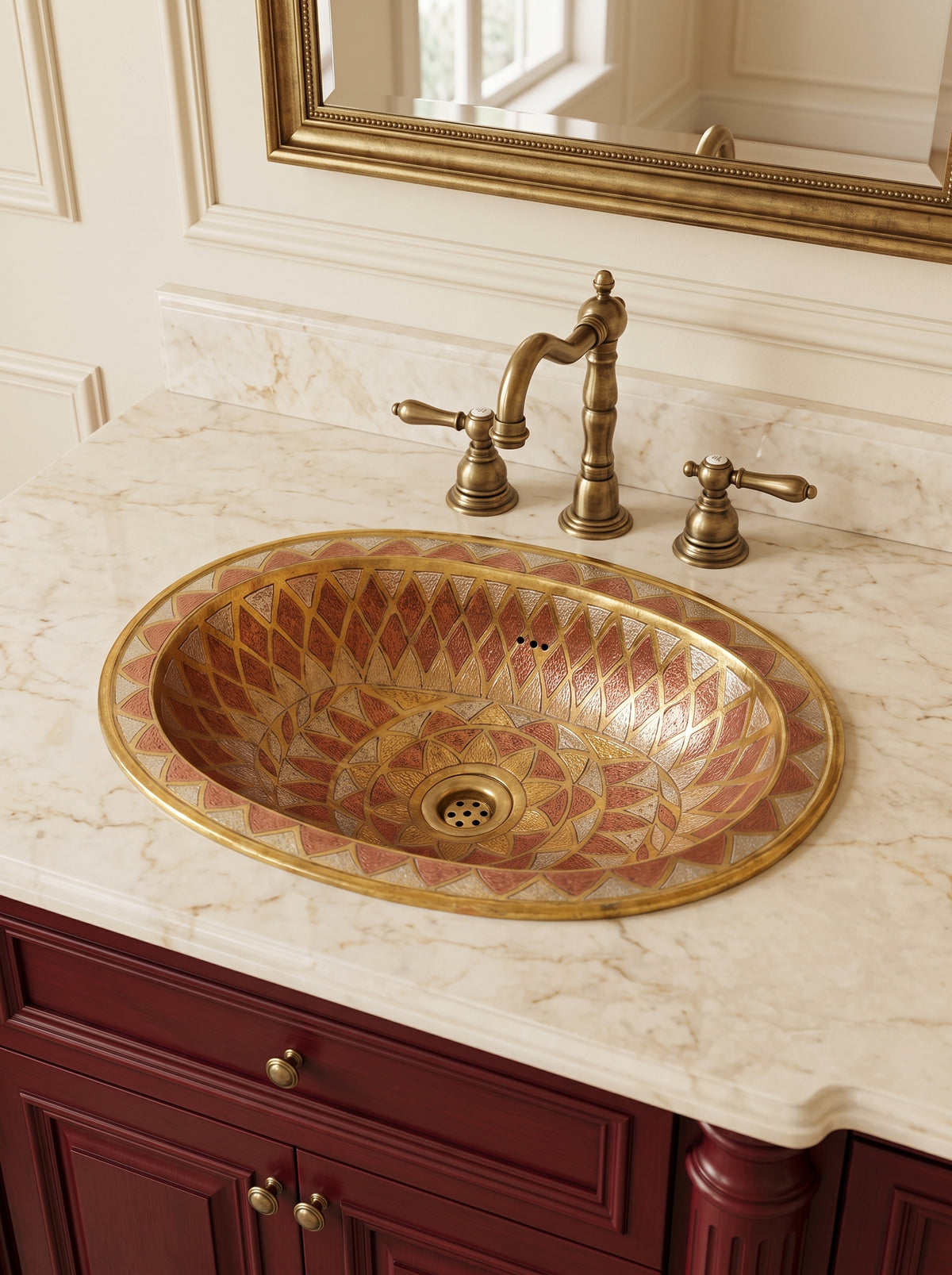 Oval geometric-patterned metal sink in a cream marble countertop with a brass faucet, burgundy vanity, and gold-framed mirror.