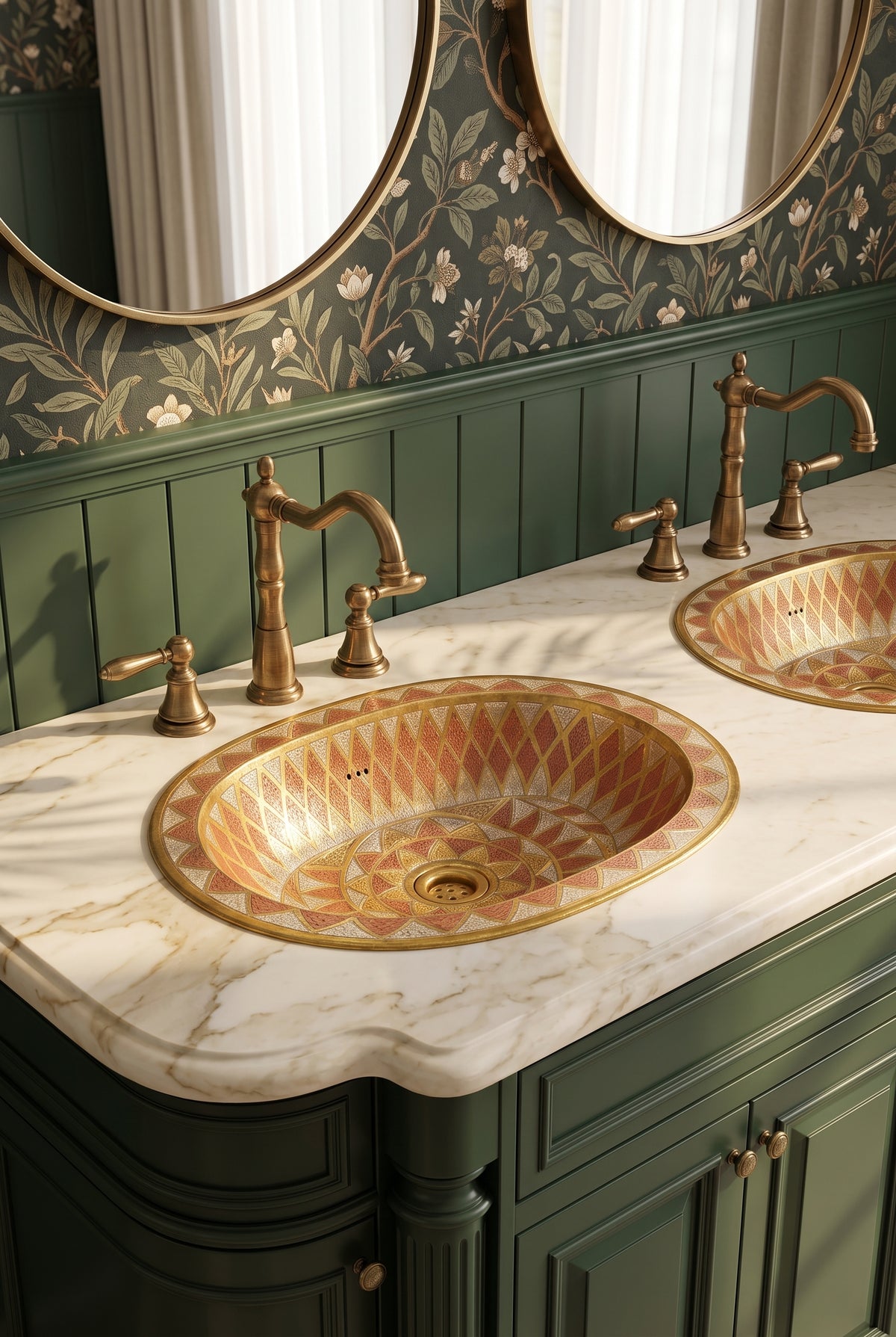 Two oval geometric-patterned metal sinks in a cream marble double vanity with brass faucets, green cabinets, floral wallpaper, and oval mirrors.