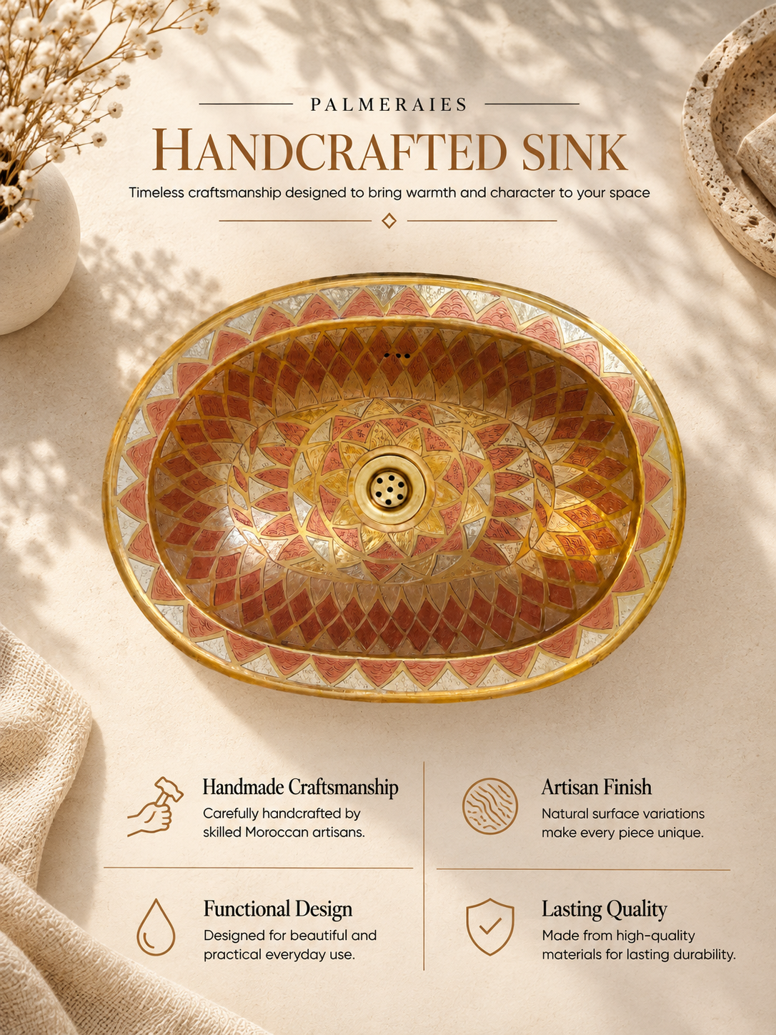 Palmeraies poster featuring an oval sink with gold, copper, and silver geometric patterns, highlighting craftsmanship, artisan finish, functionality, and durability.