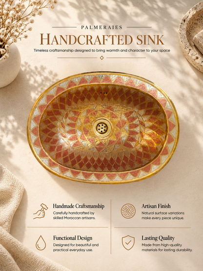 Palmeraies poster featuring an oval sink with gold, copper, and silver geometric patterns, highlighting craftsmanship, artisan finish, functionality, and durability.