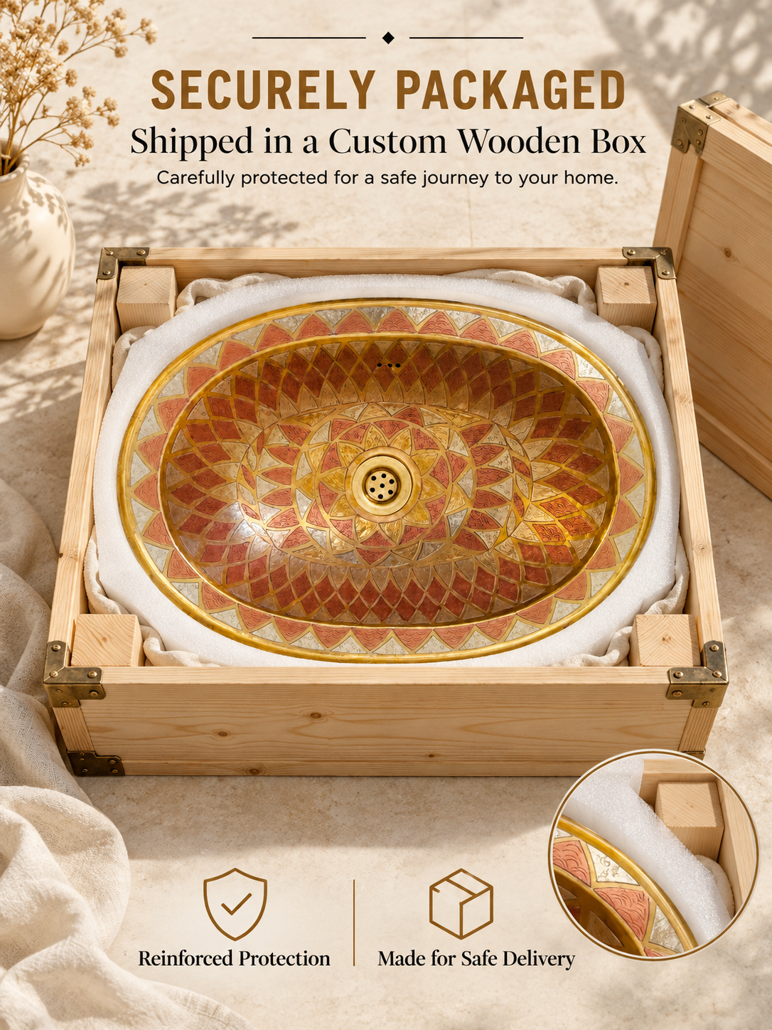 Oval geometric-patterned metal sink cushioned with foam inside an open wooden box, with text highlighting secure packaging and safe delivery.
