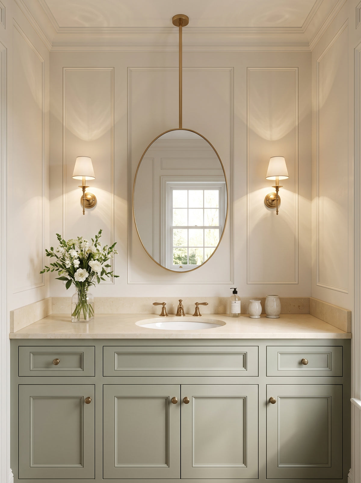 A luxury bathroom vanity featuring a sage green cabinet, a cream marble countertop with an integrated white sink, a gold-framed oval mirror, and warm brass sconces on a white paneled wall.