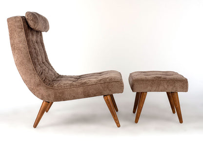 Brown upholstered chair with matching ottoman on a white background