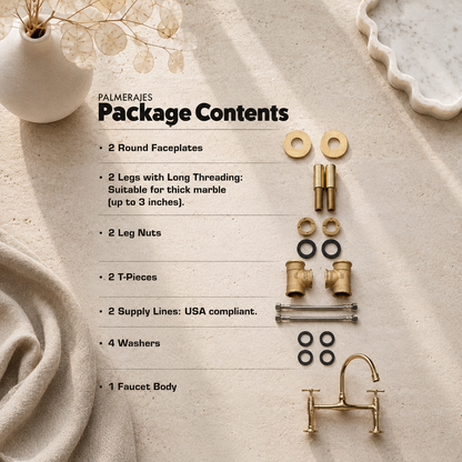 Package contents for a solid brass bridge kitchen faucet, including faucet body, two round faceplates, two threaded legs, two leg nuts, two USA-compliant supply lines, and four washers.