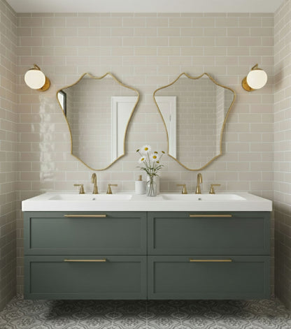 Pair of Crowned Curve brass mirrors above double vanity sink