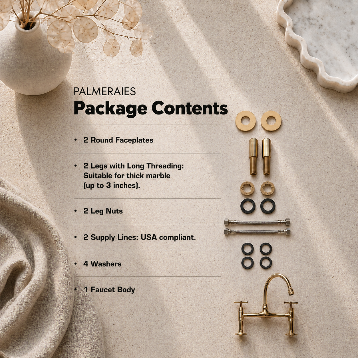 Package contents for a solid brass bridge kitchen faucet, including faucet body, two round faceplates, two threaded legs, two leg nuts, two USA-compliant supply lines, and four washers.