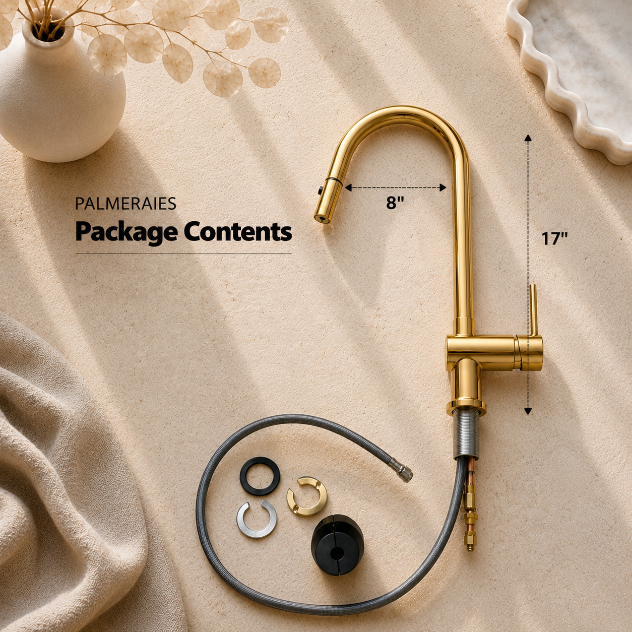 Package contents of a PALMERAIES unlacquered brass pull-down kitchen faucet with installation hardware, 17-inch height and 8-inch spout reach dimensions.