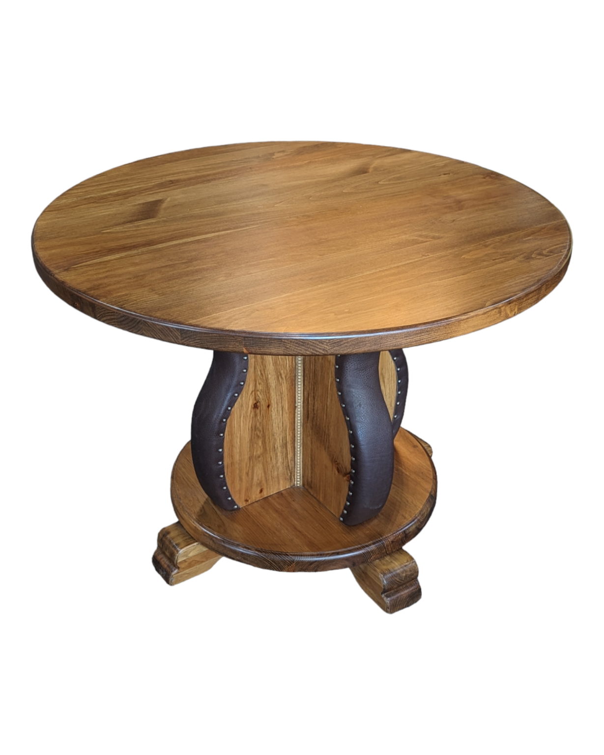 Round wooden table with a unique base design on a white background