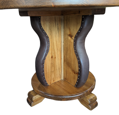 Wooden table with metal accents on a white background