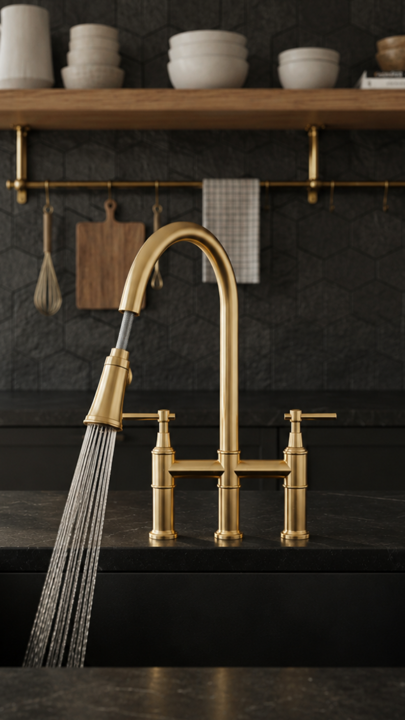 A modern kitchen scene featuring a polished brass bridge faucet with a pull-down sprayer running over a black double-bowl sink. The background includes a dark textured wall, a wooden floating shelf with white ceramic bowls, and a window on the left.