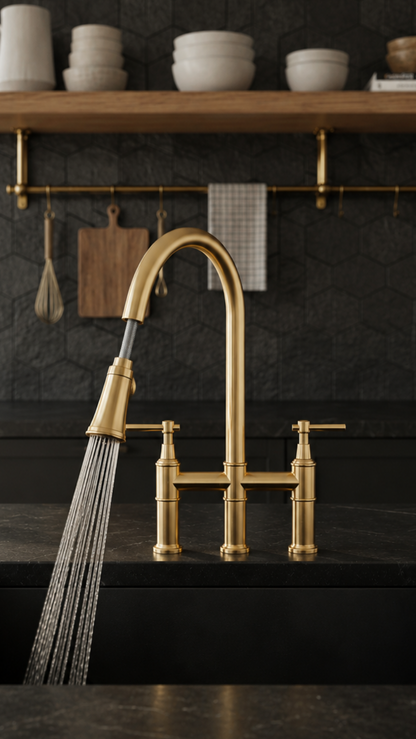 A modern kitchen scene featuring a polished brass bridge faucet with a pull-down sprayer running over a black double-bowl sink. The background includes a dark textured wall, a wooden floating shelf with white ceramic bowls, and a window on the left.