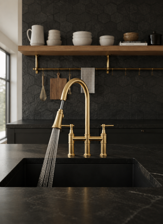 A modern kitchen scene featuring a polished brass bridge faucet with a pull-down sprayer running over a black double-bowl sink. The background includes a dark textured wall, a wooden floating shelf with white ceramic bowls, and a window on the left.