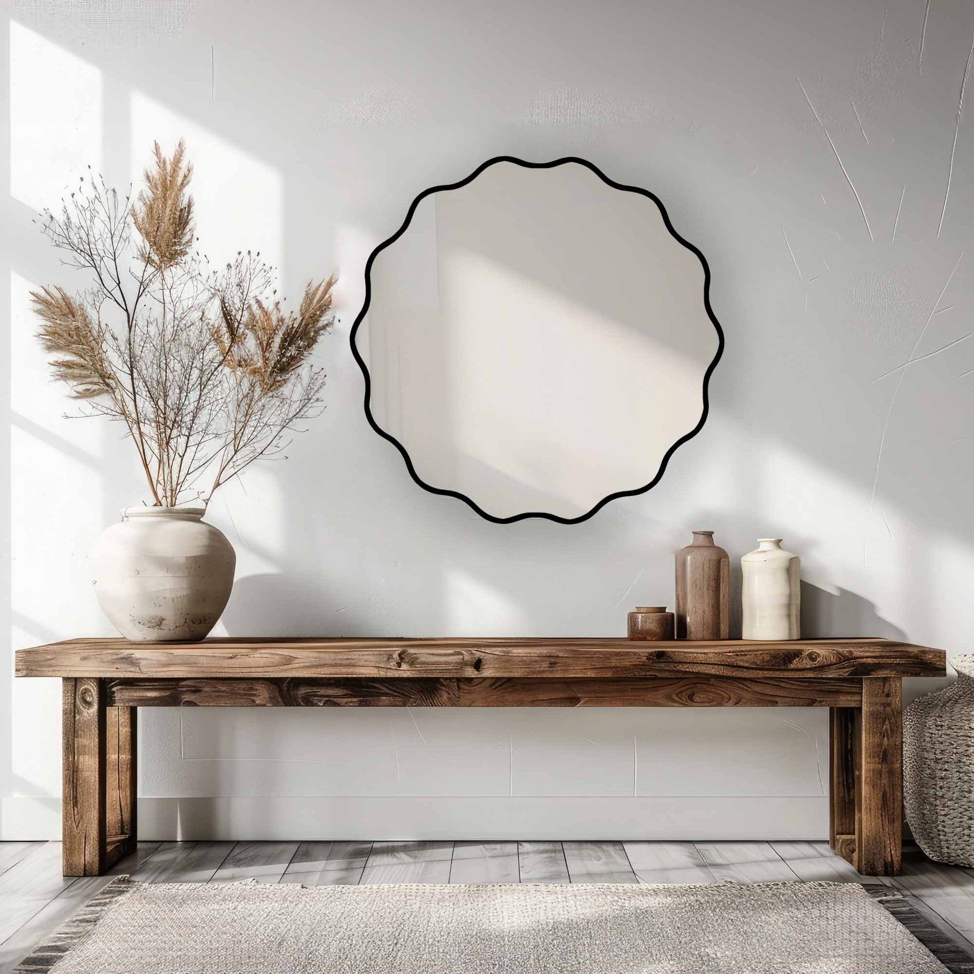 Black Round Wavy Mirrors on living room with bench 