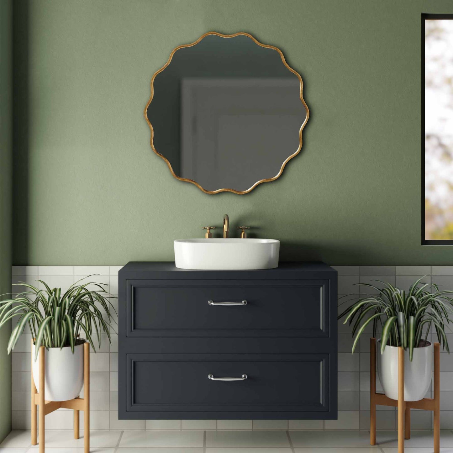 a bathroom with a sink and a Wavy Mirrors