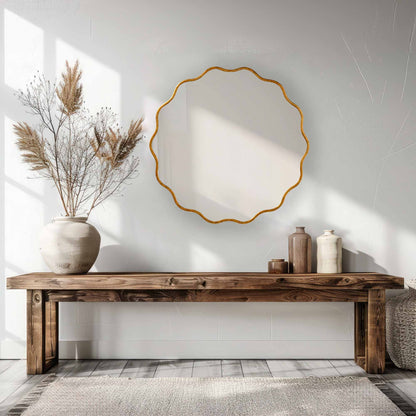 a table with a Wavy Mirrors and vases on it