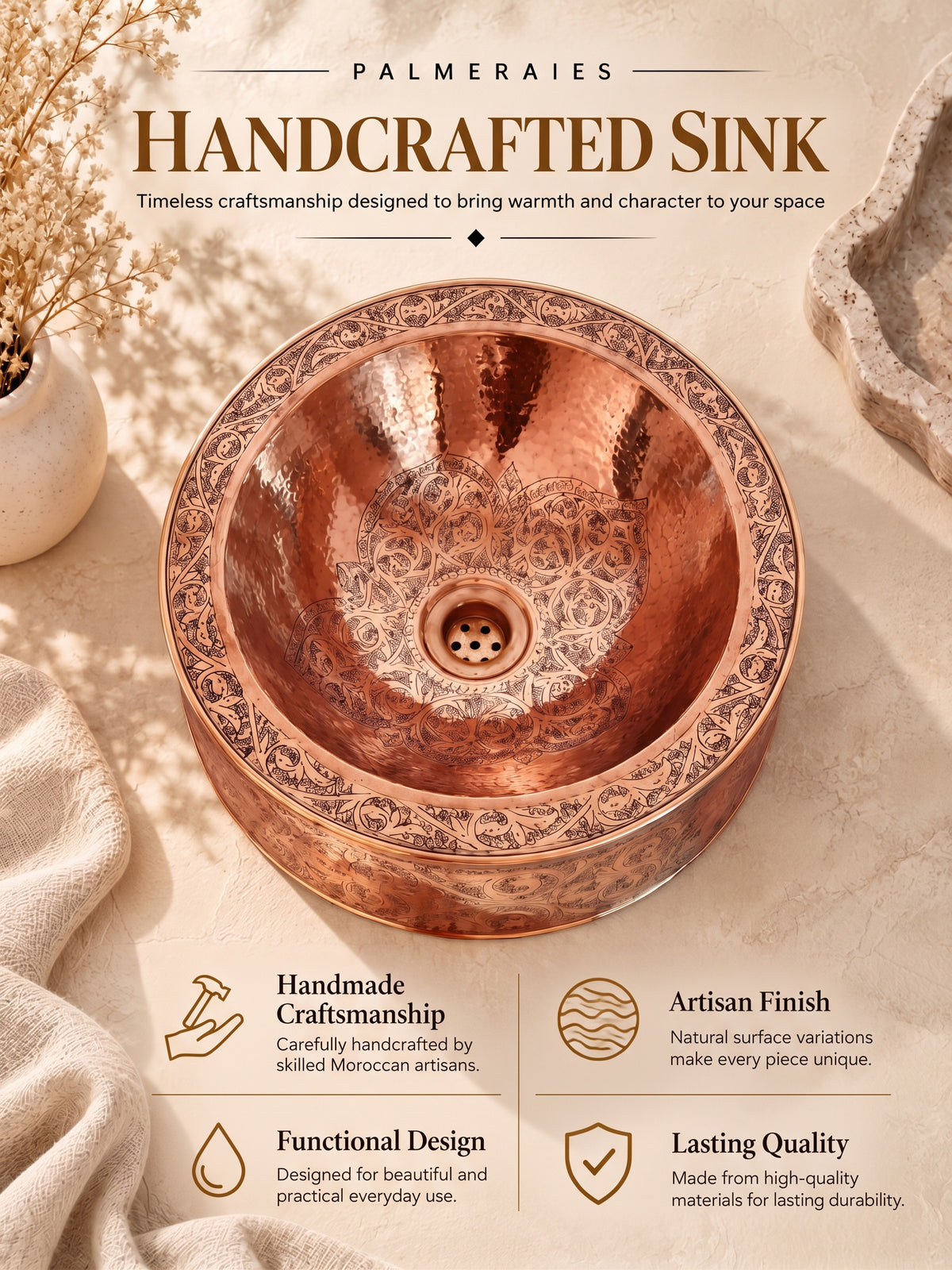 Palmeraies handcrafted sink poster featuring a round copper basin with decorative engraving and highlighting craftsmanship, finish, design, and quality.