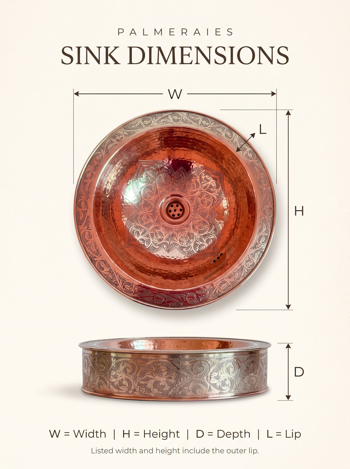 Round engraved copper sink dimension diagram with top and side views marking width, height, depth, and lip, noting that listed sizes include the outer lip.