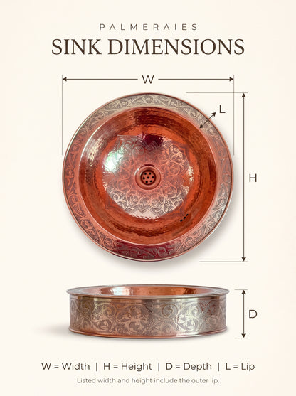 Round engraved copper sink dimension diagram with top and side views marking width, height, depth, and lip, noting that listed sizes include the outer lip.