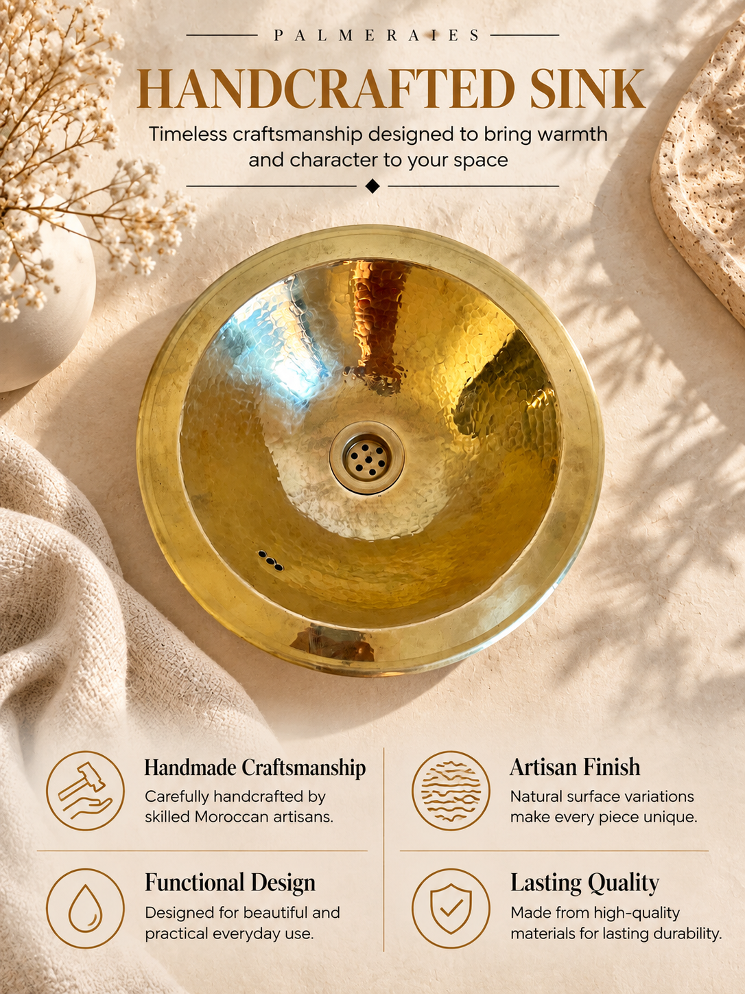 Palmeraies poster featuring a round hammered brass sink and highlighting Moroccan craftsmanship, artisan finish, functional design, and lasting quality.