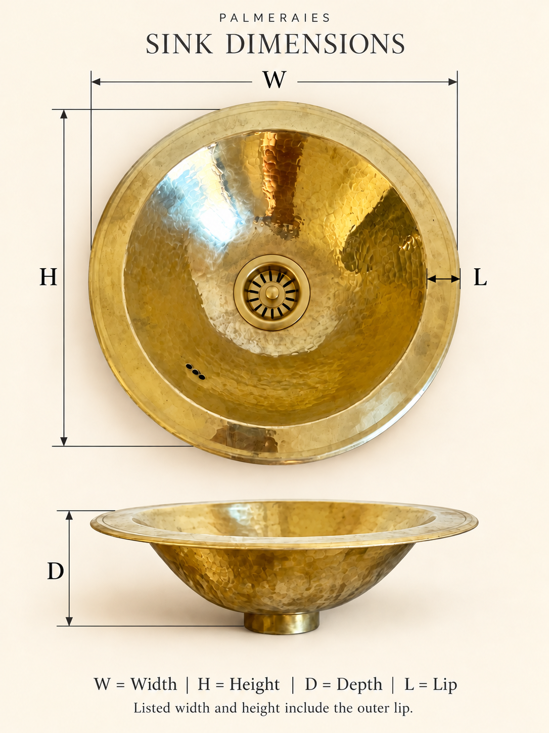 Dimension diagram of a round hammered brass sink with a matching drain, showing top and side views labeled width, height, depth, and lip. Width and height include the outer lip.