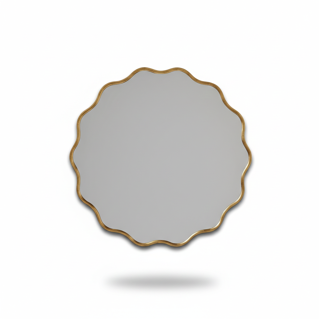 Round mirror with a gold frame on a white background
