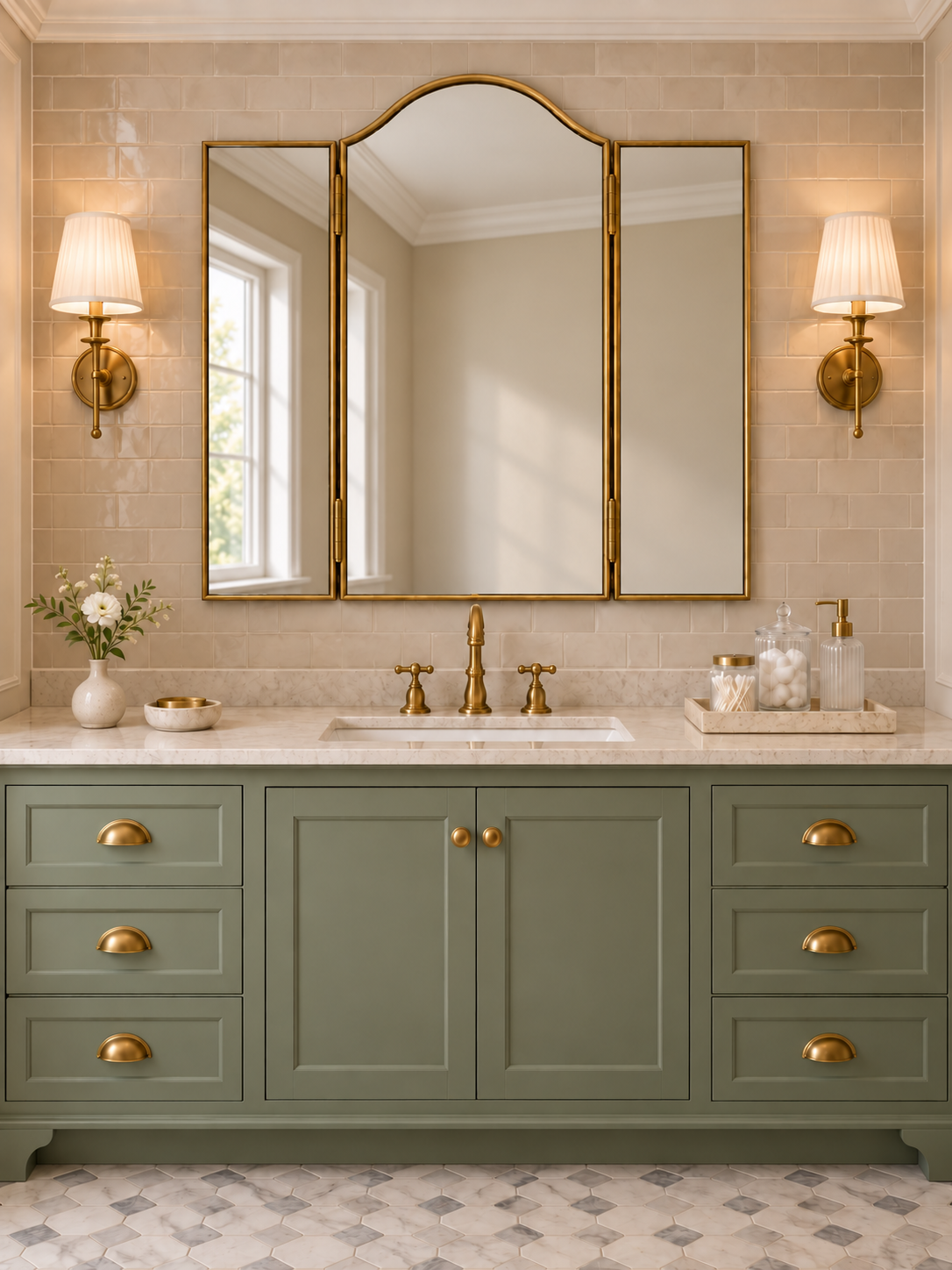A styled bathroom vanity featuring a sage green cabinet with brass hardware, a white marble countertop, a gold-trimmed three-panel mirror, and warm wall sconces.