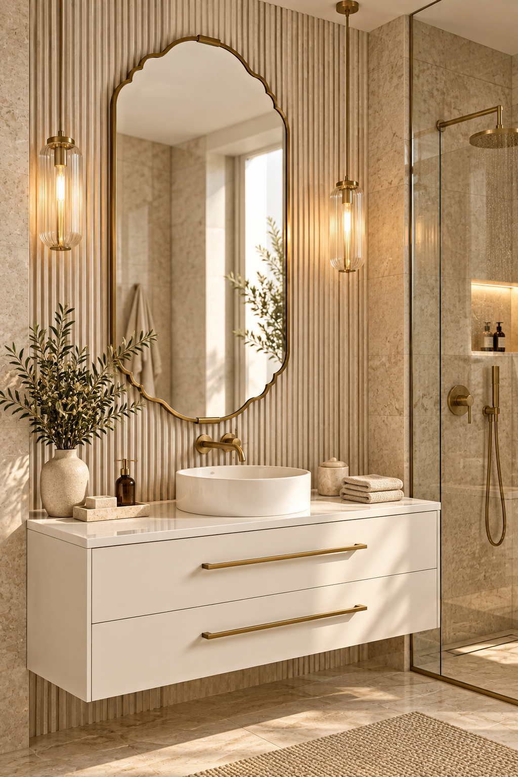 A modern floating bathroom vanity with a white vessel sink, gold-toned handles, and a large arched mirror. The wall features vertical wood slats with warm lighting, and a glass shower enclosure is visible on the right.