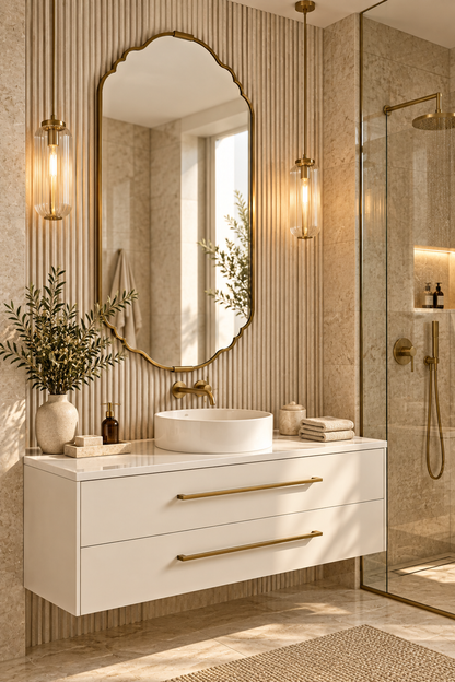 A modern floating bathroom vanity with a white vessel sink, gold-toned handles, and a large arched mirror. The wall features vertical wood slats with warm lighting, and a glass shower enclosure is visible on the right.