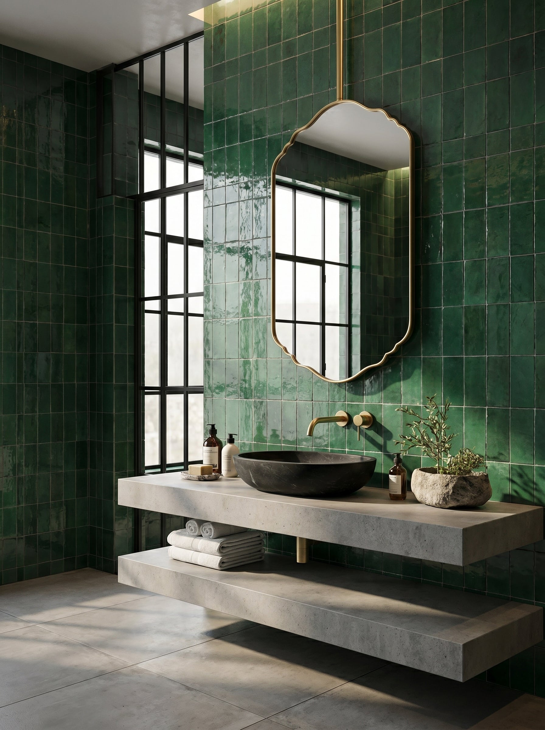 Ceiling-mounted scalloped brass mirror in a luxury bathroom with emerald green tiles and a floating concrete vanity.
