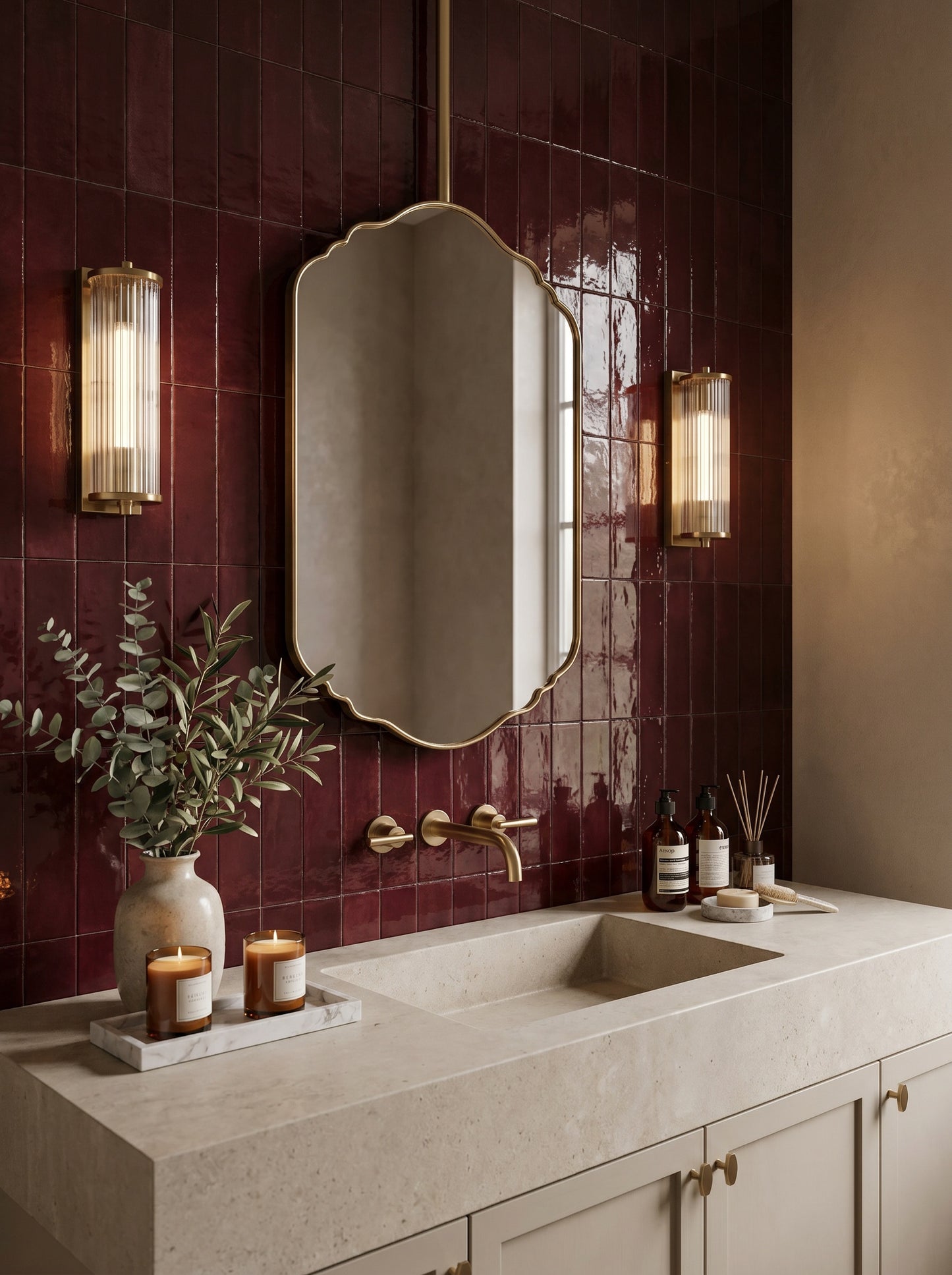 Handmade scalloped brass mirror with a gold frame above a stone sink and deep burgundy tiled wall.