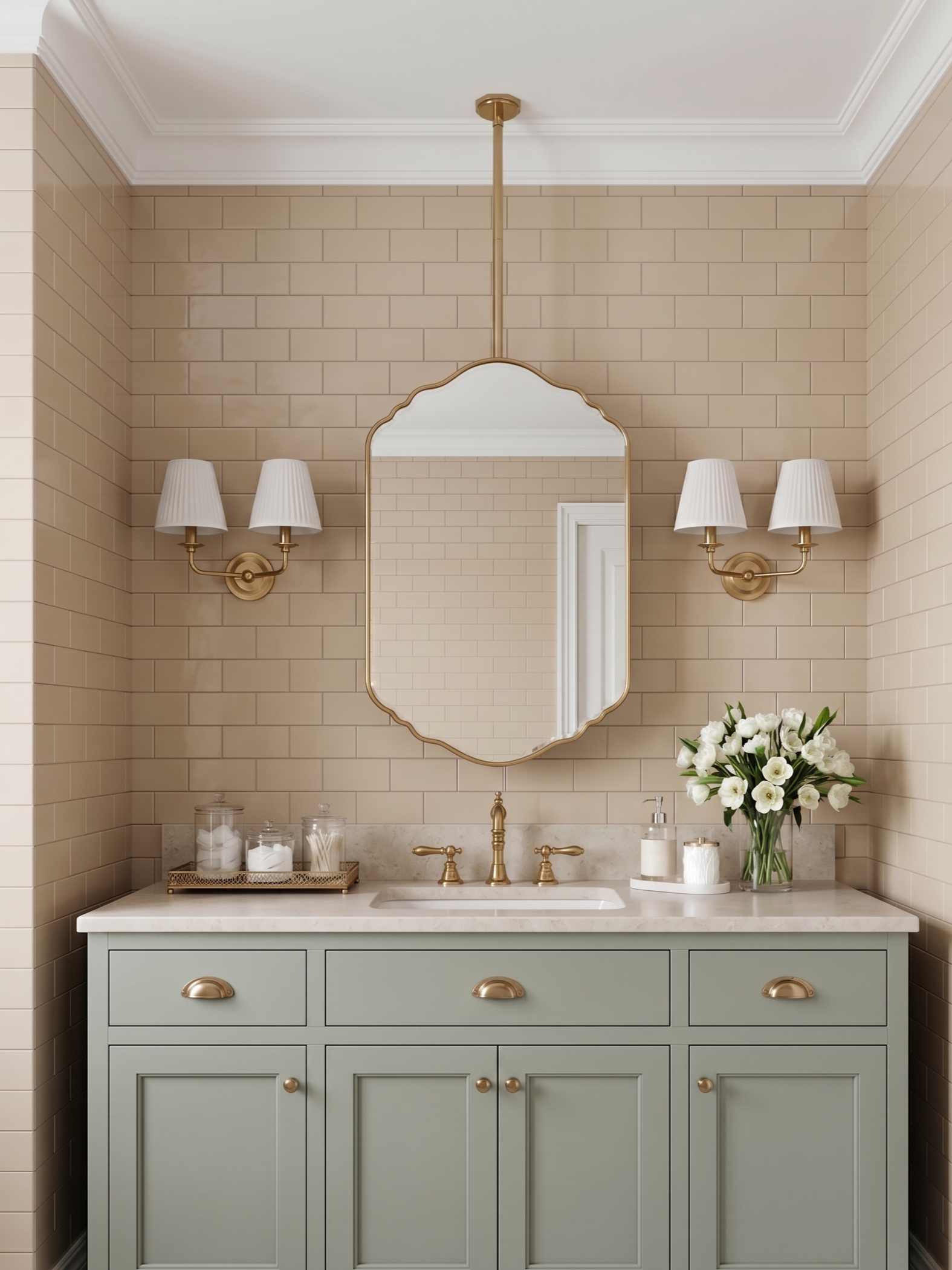 Decorative hanging brass mirror with scalloped edges above a sage green vanity in a classic bathroom.