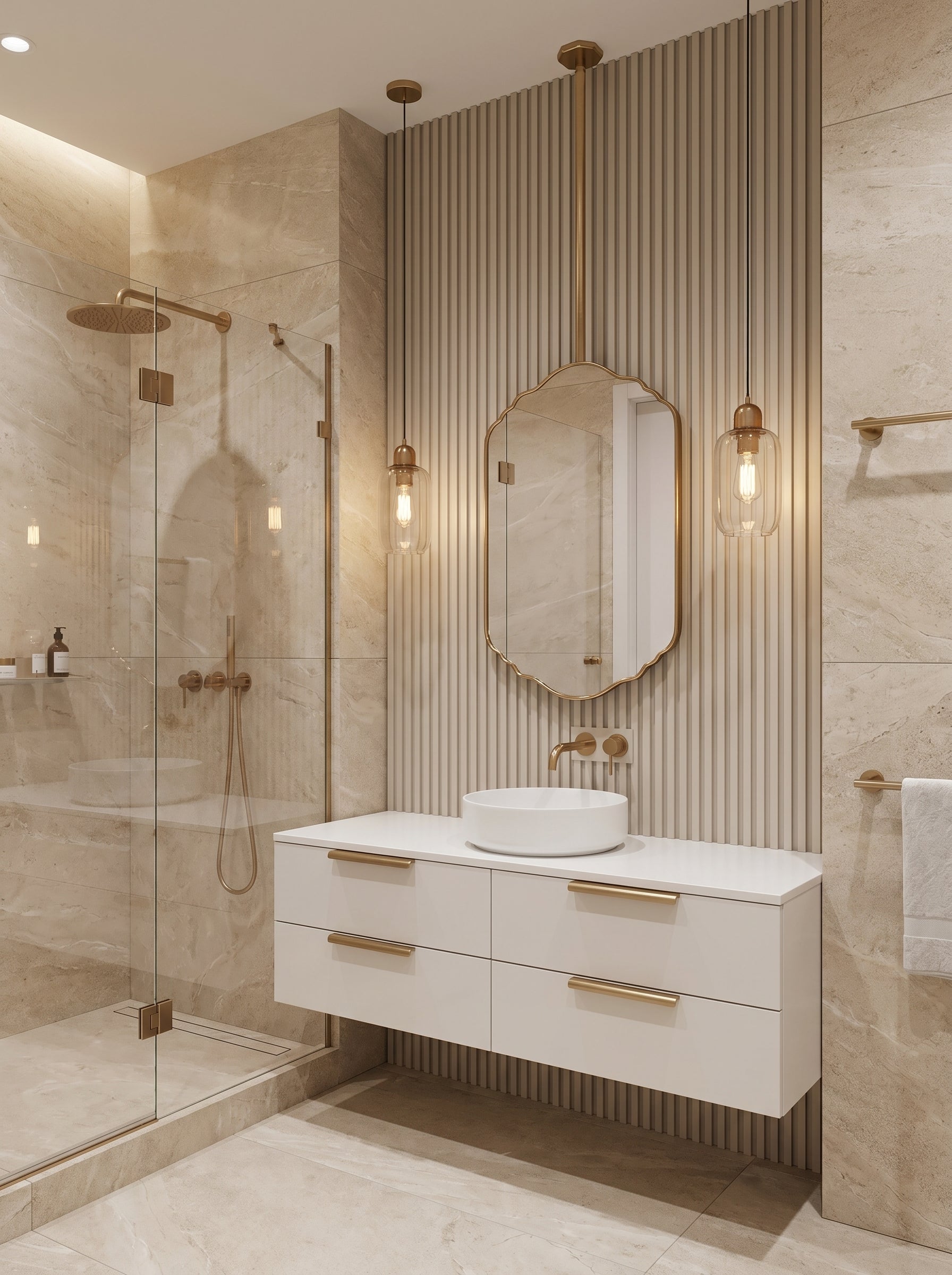 Suspended scalloped brass mirror above a modern white vanity with warm brass fixtures and fluted wall panels.