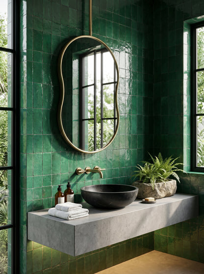 Sculptural pebble brass mirror suspended over a floating vanity in a green tiled luxury bathroom.