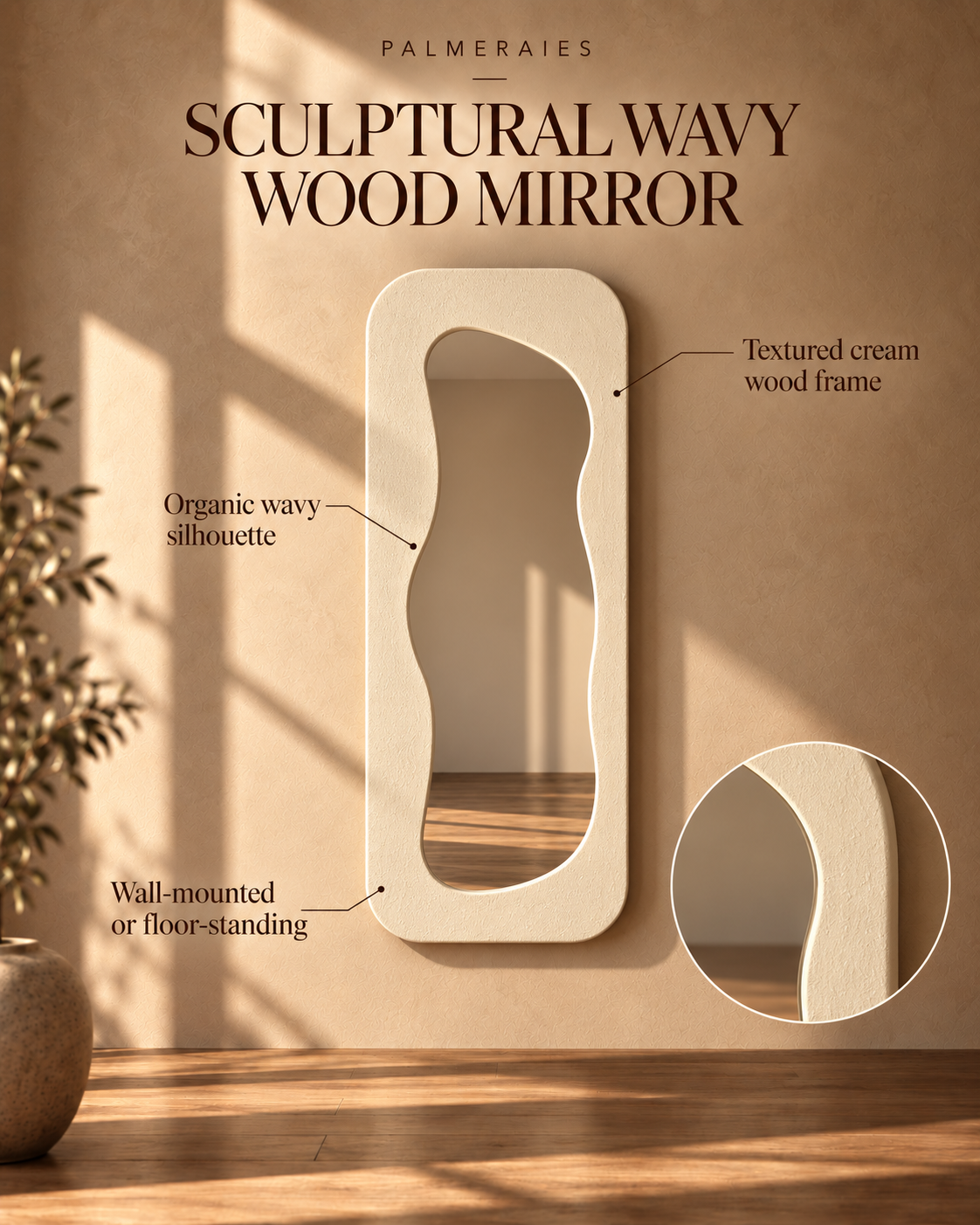 A wall-mounted wavy wooden mirror with a textured cream-colored frame, shown in a styled interior setting with text callouts and a circular detail inset. The text reads 'PALMERAIES SCULPTURAL WAVY WOOD MIRROR' with annotations pointing to the organic silhouette and textured wood frame.