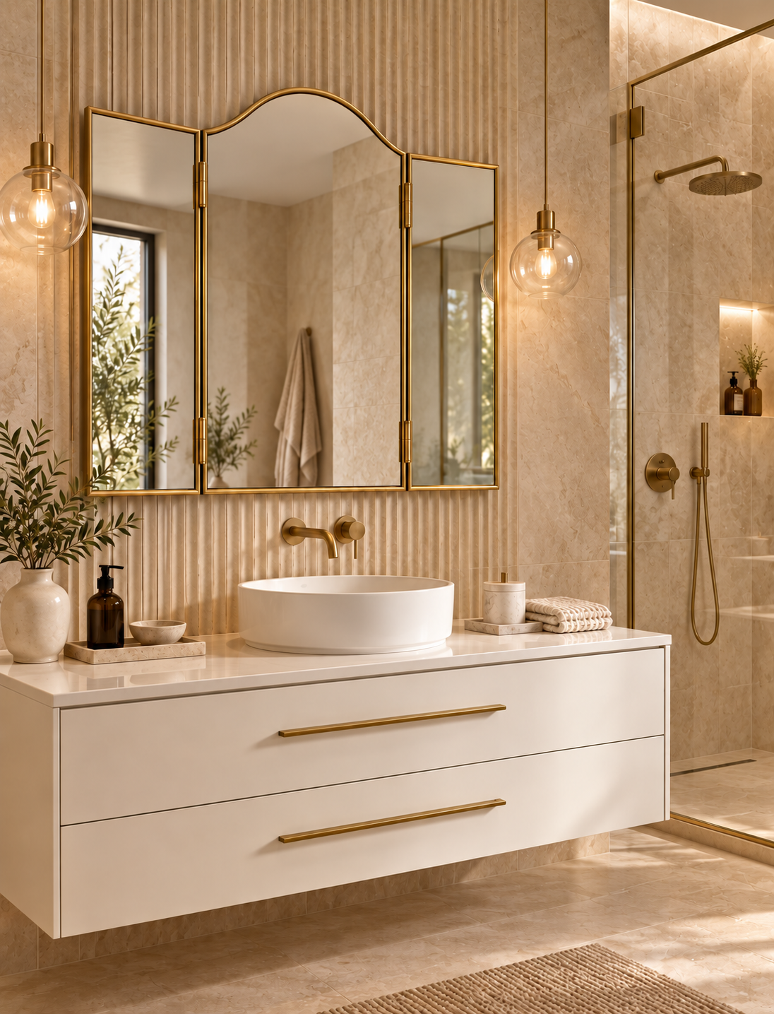 A modern floating bathroom vanity with a white vessel sink, gold hardware, and a three-panel mirror with a gold frame, set in a warm beige bathroom with a glass shower enclosure.