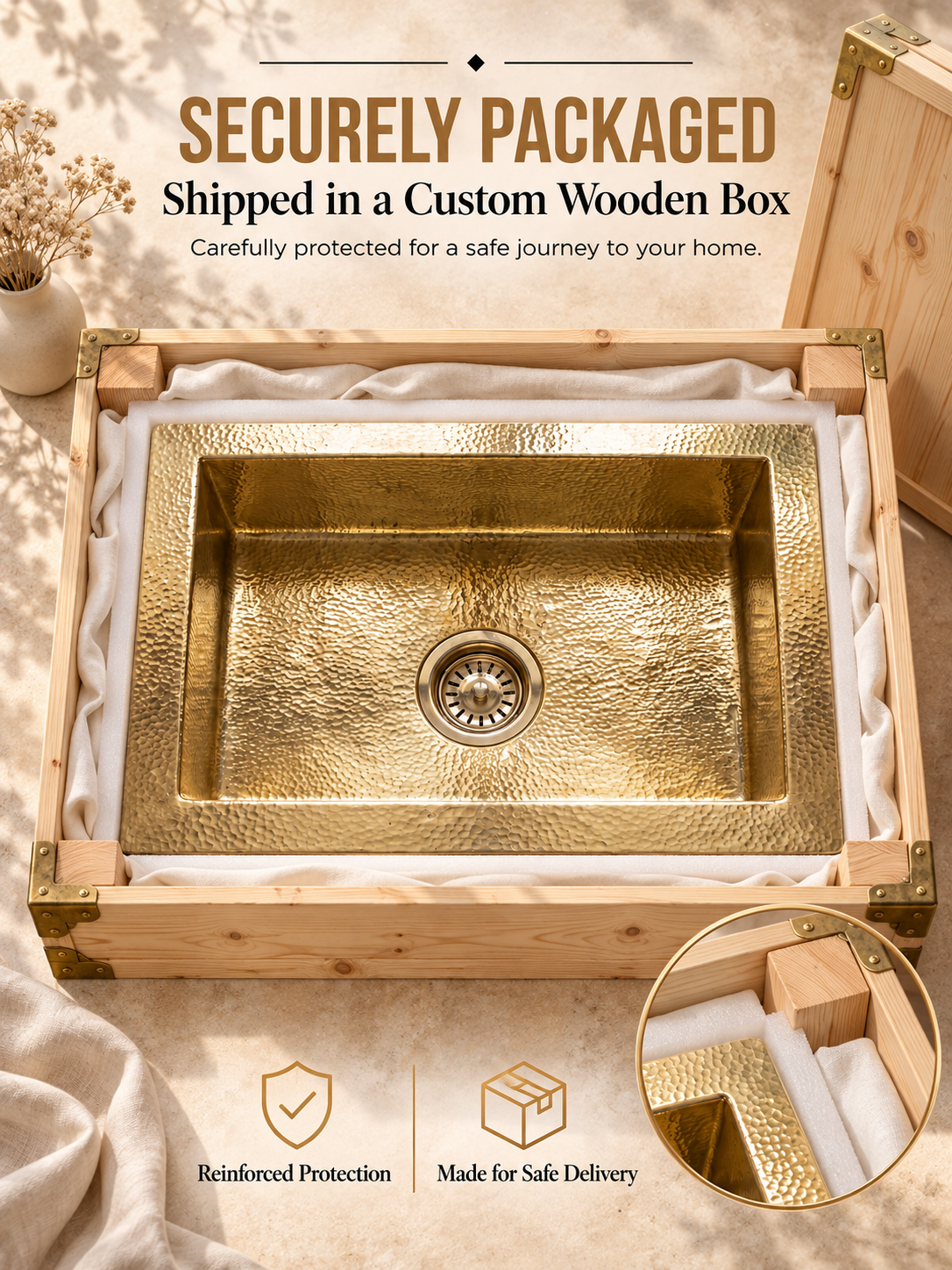 Packaging poster showing a rectangular hammered brass sink cushioned with white foam and ivory fabric inside a reinforced wooden shipping box, with captions highlighting protection for safe delivery.