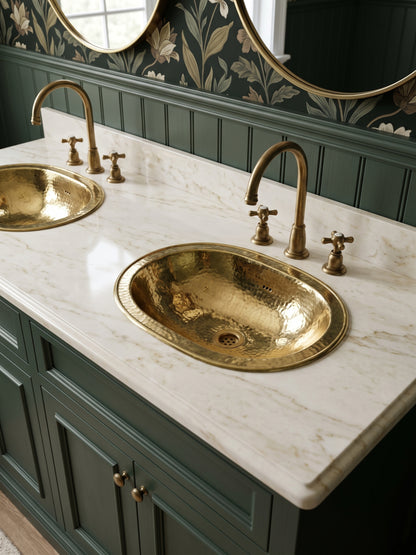 Two oval hammered brass sinks in a white marble double vanity with brass faucets, green cabinets, floral wallpaper, and oval mirrors.
