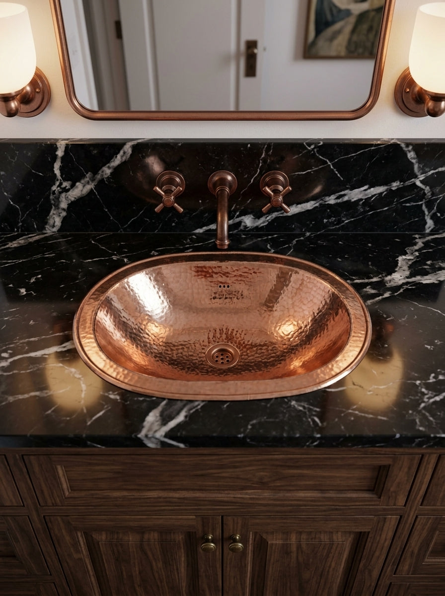 Oval hammered copper sink in a black marble vanity with a copper wall-mounted faucet, dark wood cabinets, and matching mirror and sconces.