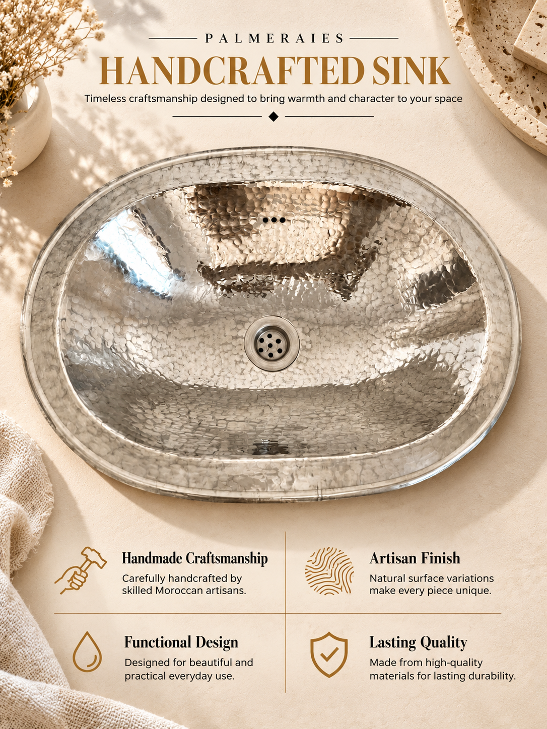 Palmeraies poster featuring an oval hammered silver sink and highlighting Moroccan craftsmanship, artisan finish, functional design, and lasting quality.