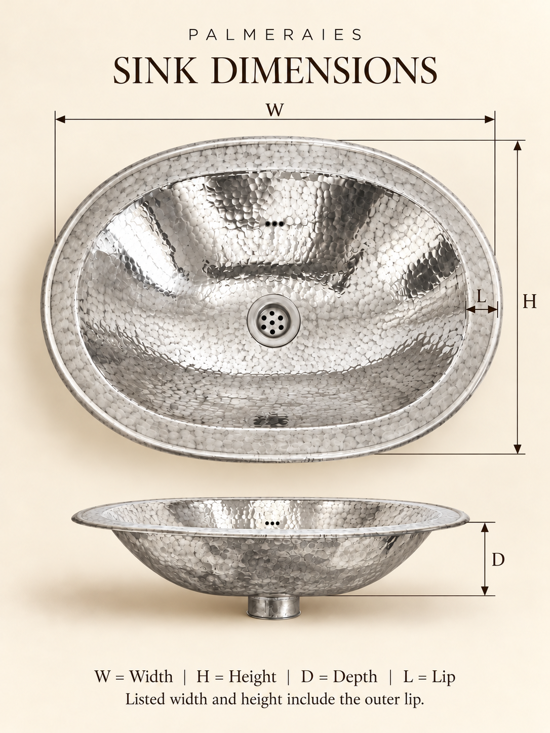 Dimension diagram of an oval hammered polished silver sink, showing top and side views labeled width, height, depth, and lip. Width and height include the outer lip.