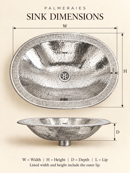 Dimension diagram of an oval hammered polished silver sink, showing top and side views labeled width, height, depth, and lip. Width and height include the outer lip.